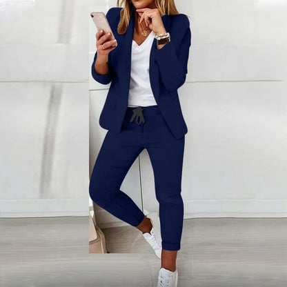 Women’s Notch-Lapel Blazer & Drawstring Pants Suit Set FitiqueFit