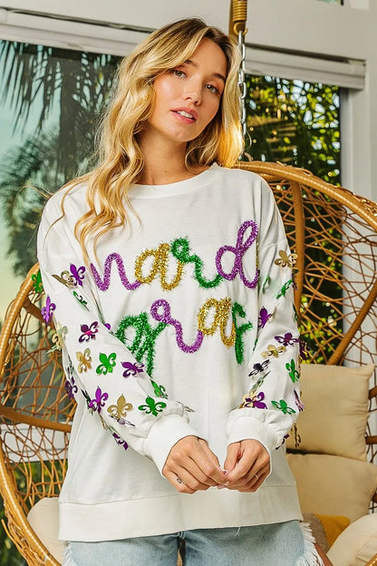 BiBi Fleur De Lis Sleeve Mardi Gras Pullover FitiqueFit