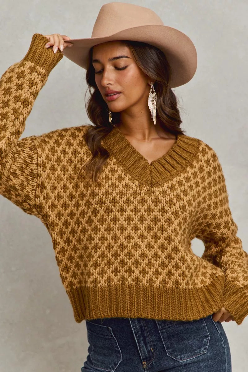 SO ME Color Block Textured Christmas Sweater V Neck Top West2East Surf