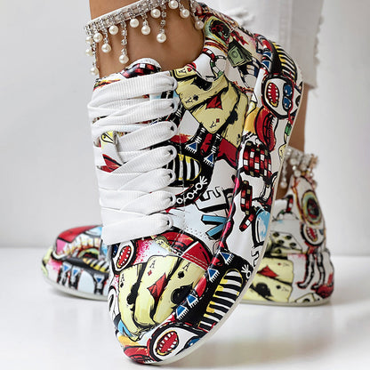 Women's Casual Round Toe Thick Sole Lace-Up Sneakers, Random Print Design, Comfortable Sporty Shoes For Daily Wear See size chart under “more details” The Fashion Celestial