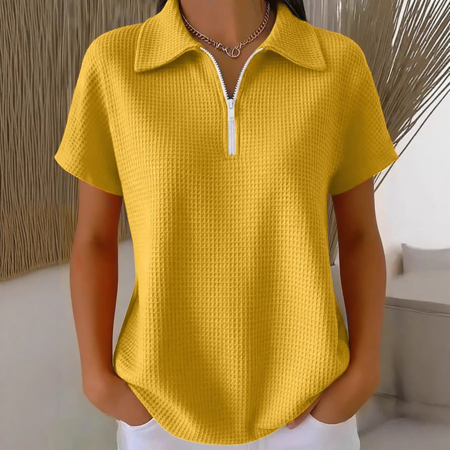 Drop Shoulder Half-Zip Waffle Knit Top – 3/4 Sleeve Pullover FitiqueFit