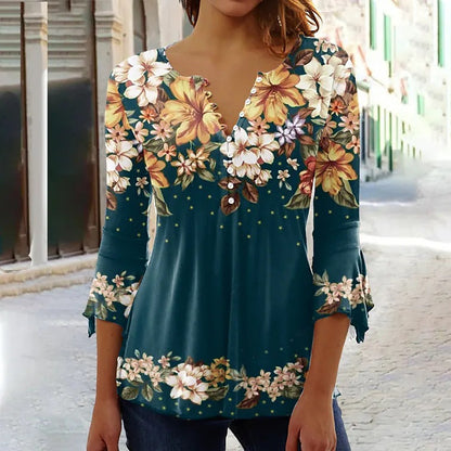 Women’s V-Neck 3/4 Sleeve Button-Front Tunic Blouse FitiqueFit