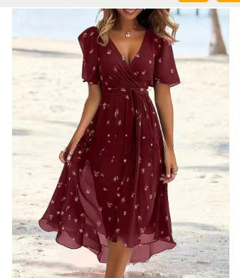 Floral Print A-Line Dress – V-Neck Short Sleeve Midi Dress FitiqueFit