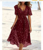 Floral Print A-Line Dress – V-Neck Short Sleeve Midi Dress FitiqueFit