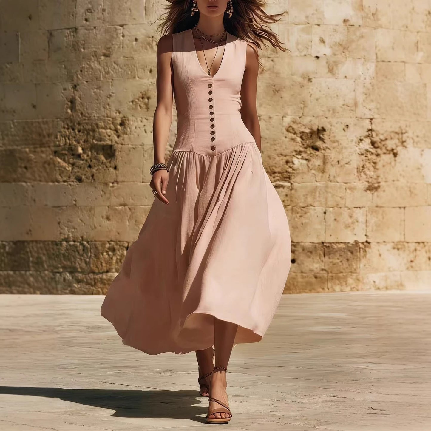 Sleeveless V-Neck Button Dress – Elegant Cotton-Linen Maxi Dress FitiqueFit