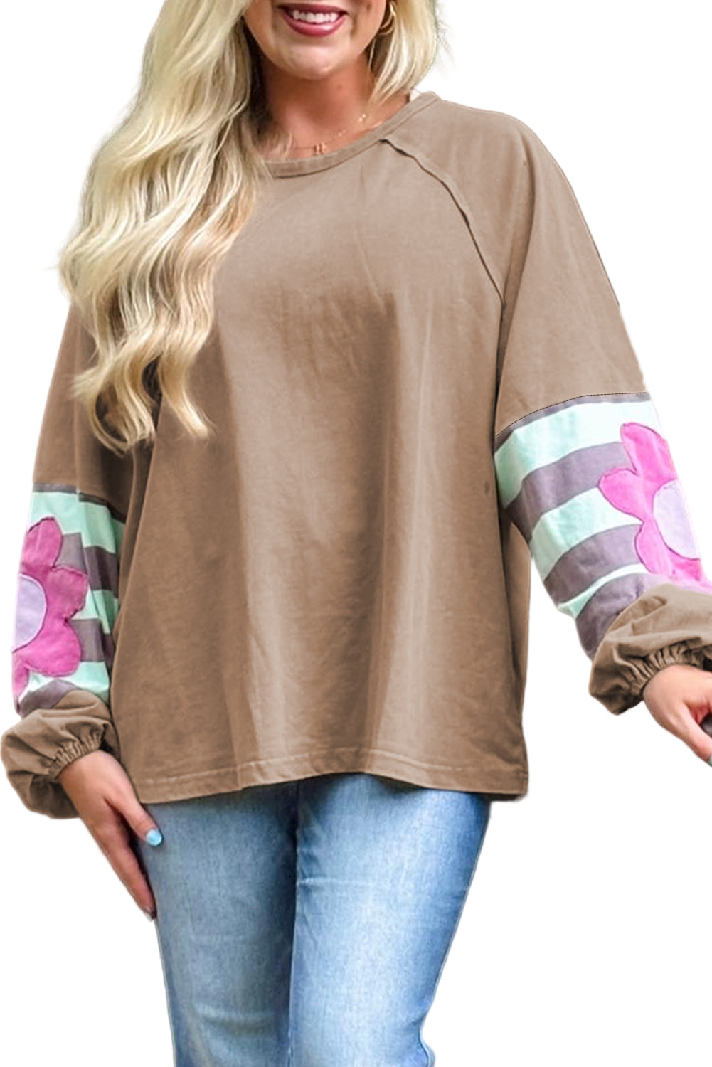 Light French Beige Flower Striped Patchwork Puff Sleeve Loose Sweatshirt Garden Naked Curves