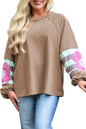 Light French Beige Flower Striped Patchwork Puff Sleeve Loose Sweatshirt Garden Naked Curves