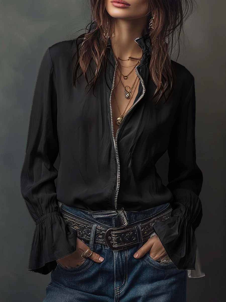 Women's Ruffled Sleeve Resort Shirt – Stretch Casual Long Blouse FitiqueFit