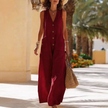 Women's Sleeveless Cotton-Linen Wide-Leg Jumpsuit – Button Pockets FitiqueFit