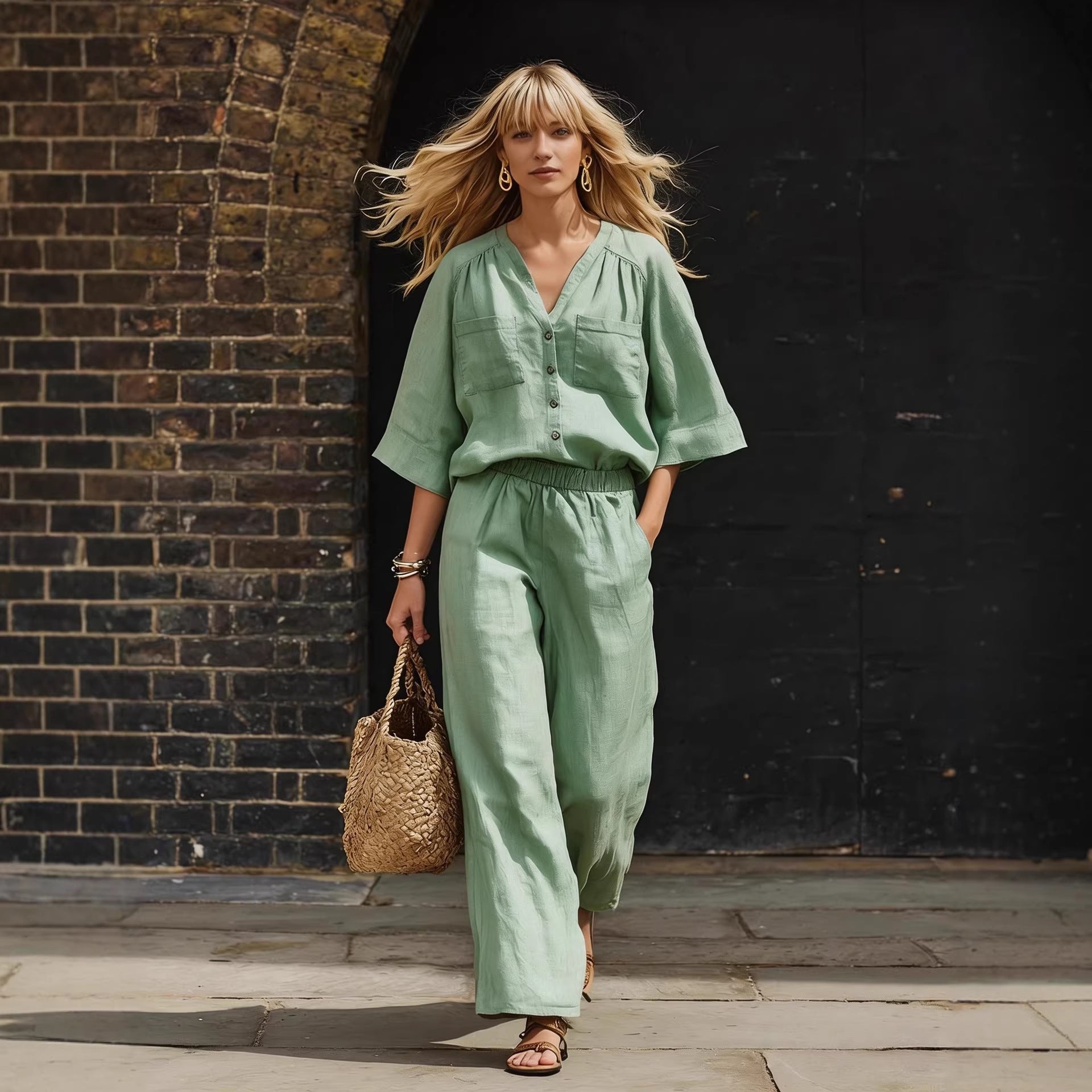 Women's Linen Button-Up Cardigan & Wide-Leg Pants Set – 2-Piece Outfit FitiqueFit