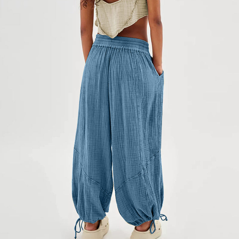 Women’s Solid Color Wide Leg Pants – Elastic Drawstring Waist and Side Pockets FitiqueFit