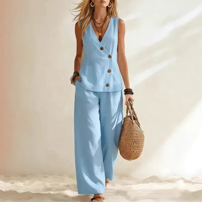 Women's Button-Up Cardigan Vest & Pants Set – Sleeveless Two-Piece FitiqueFit