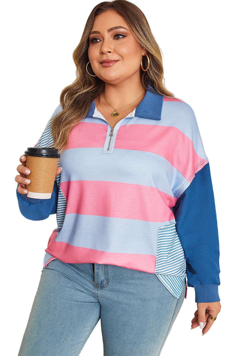 Blue Stripe Colorblock Patchwork Zip up Plus Size Pullover Garden Naked Curves