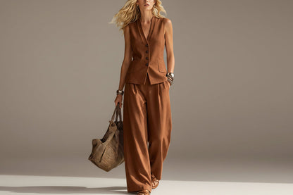Women's Solid Linen Sleeveless Tank Top & Full-Length Pants Set FitiqueFit