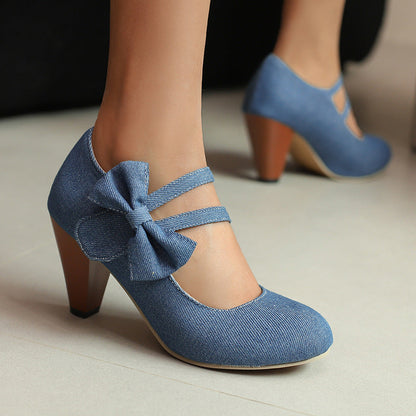 Round Toe High Heels Denim Bow See size chart under “more details” The Fashion Celestial
