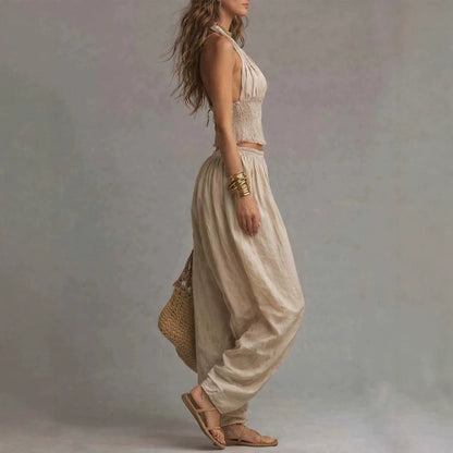 Women's Sleeveless Backless Halter Top & Wide-Leg Pants Set FitiqueFit