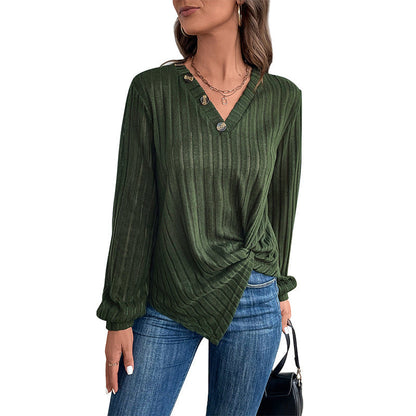 Fall V-neck Women's Top Texture Sunken Stripe Long-sleeved Sweater Grayceful LLC