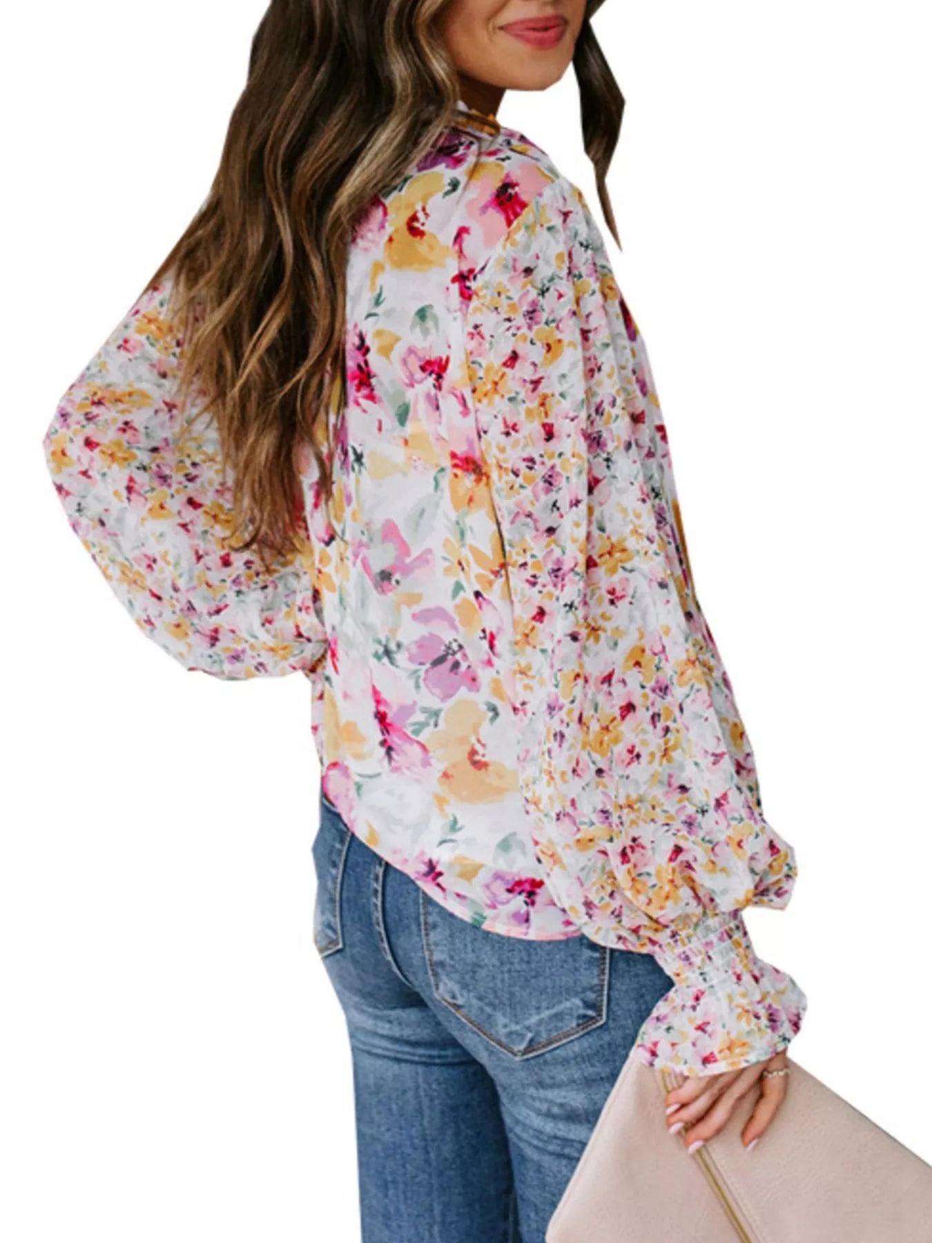Full Size Floral Print Smocked Cuff Blouse Plus Size New Era Fashion LLc
