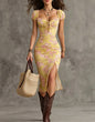 Women's Vintage Puff-Sleeve High-Waist Split Maxi Dress FitiqueFit