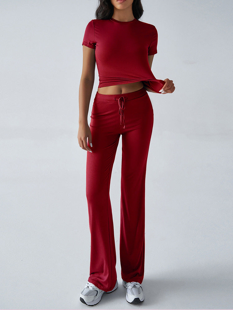Crew Neck Short Sleeve Top & Full-Length Pants Set – Solid Color, 10 Colors FitiqueFit