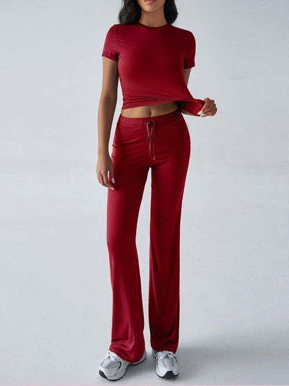 Crew Neck Short Sleeve Top & Full-Length Pants Set – Solid Color, 10 Colors FitiqueFit