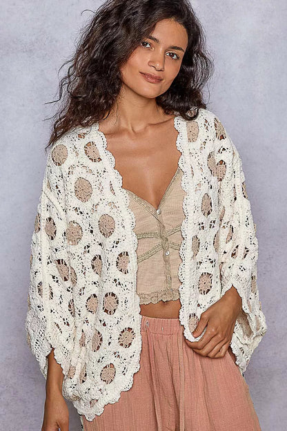 POL Openwork V-Neck Chenille Cardigan with Contrast Floral West2East Surf