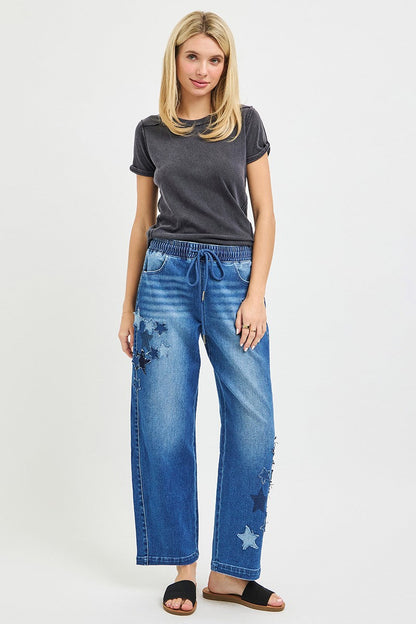 RISEN Elastic Band Slouchy Cropped Barrel with Star Patch New Era Fashion LLc