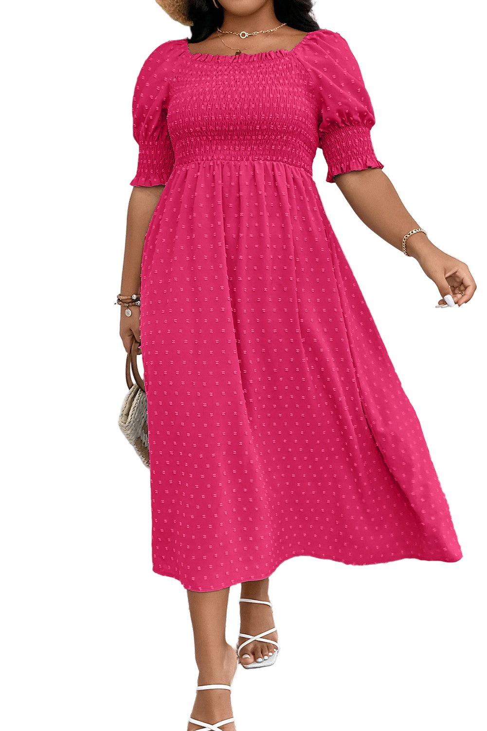 Wisteria Swiss Dot Smocked Frilled Neckline Short Sleeve Plus Size Dress Garden Naked Curves