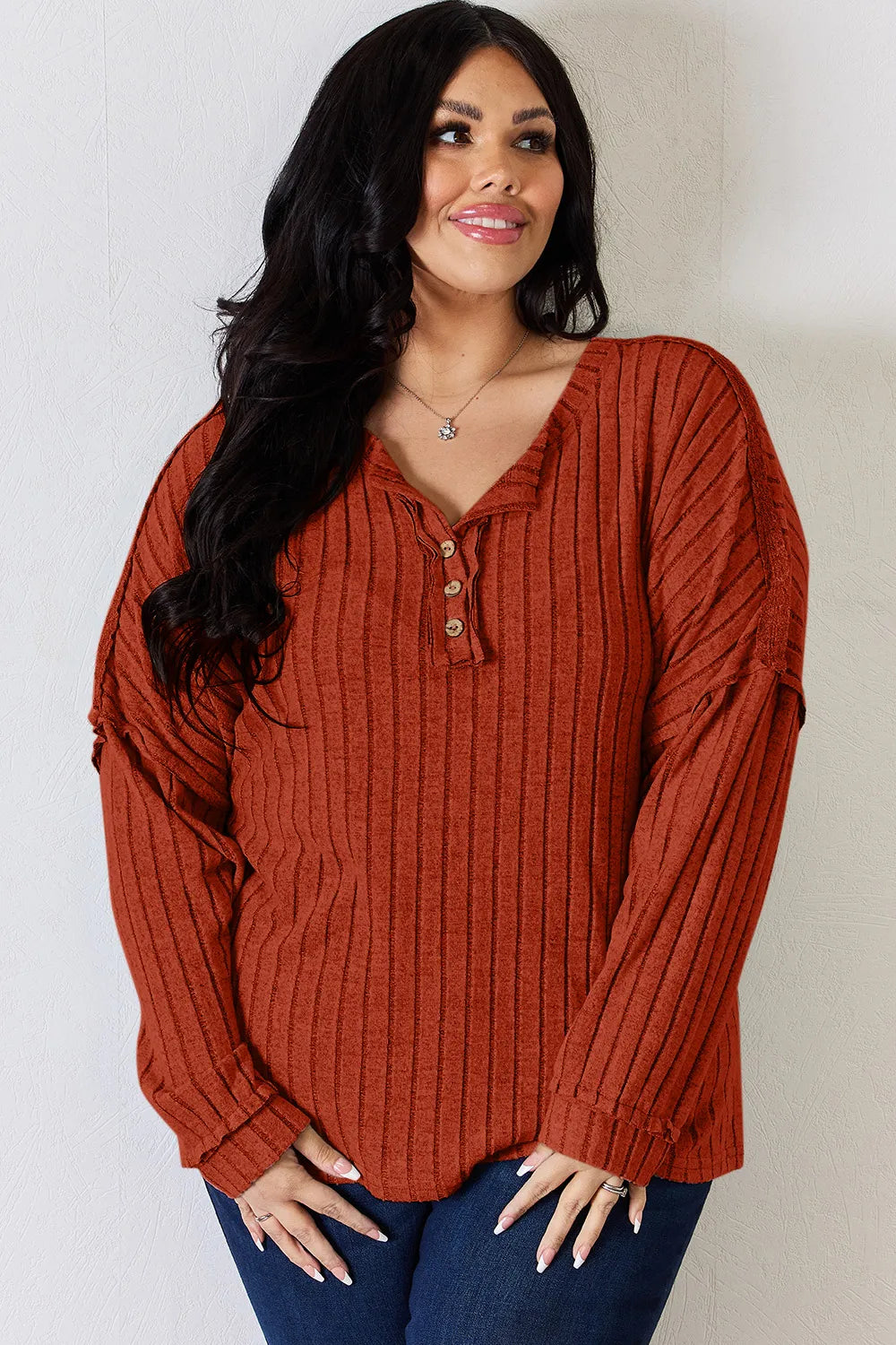Basic Bae Full Size Ribbed Half Button Long Sleeve T-Shirt New Era Fashion LLc
