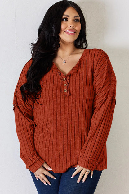 Basic Bae Full Size Ribbed Half Button Long Sleeve T-Shirt New Era Fashion LLc
