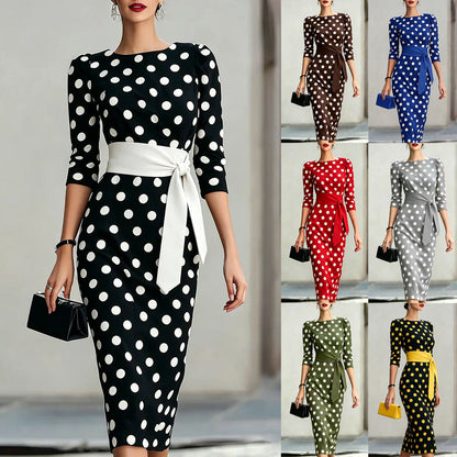 Women's Retro Polka-Dot Bodycon Midi Dress – Belted Cross-Tie FitiqueFit
