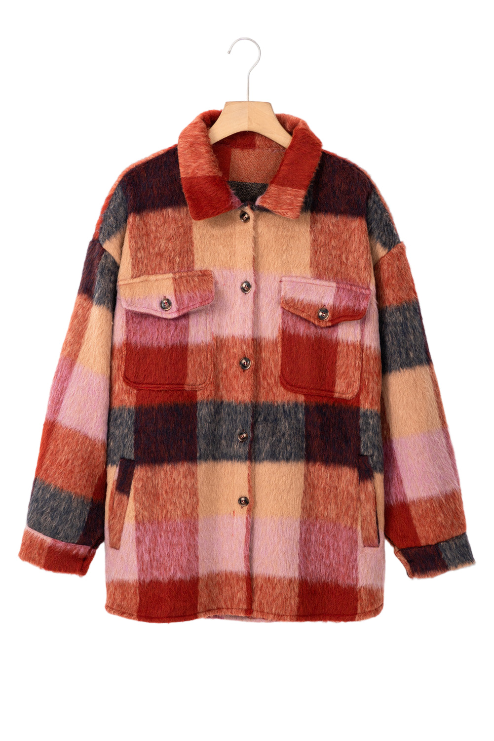 Orange Plaid Print Flap Pockets Buttoned Casual Plus Size Jacket Garden Naked Curves