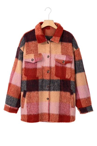 Orange Plaid Print Flap Pockets Buttoned Casual Plus Size Jacket Garden Naked Curves
