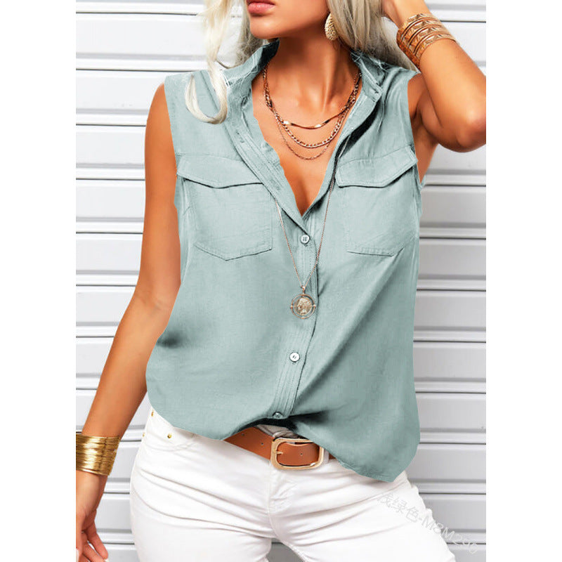 Women's Lapel Collar Sleeveless Top – Loose Fit, Pockets, Solid Color FitiqueFit