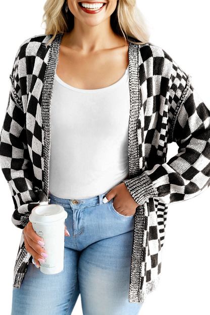 Orange Plus Size Checkered Bubble Sleeve Drop Shoulder Open Cardigan Garden Naked Curves