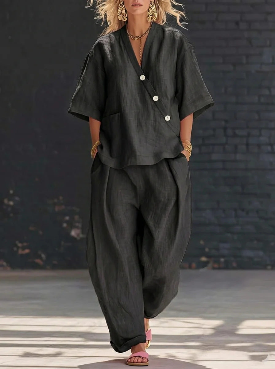 V-Neck Short Sleeve Top & High-Waist Trousers Two-Piece Set FitiqueFit
