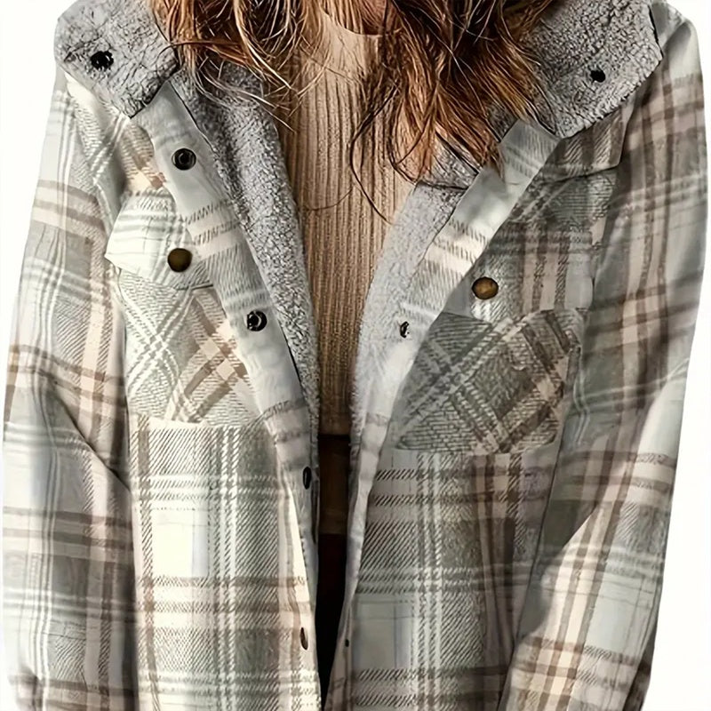 Women's Plaid Button-Up Long Sleeve Jacket Fall Winter  Flap Button Pocket Design Casual Hooded Fleece-Lined Warm Coat See size chart under “more details” The Fashion Celestial