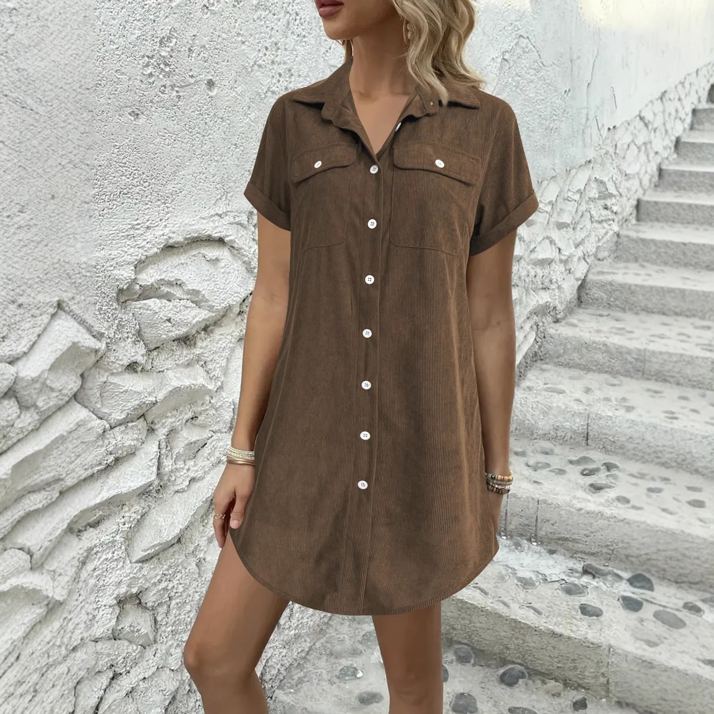 Women’s Retro Casual Corduroy Short Sleeve Shirt Dress FitiqueFit