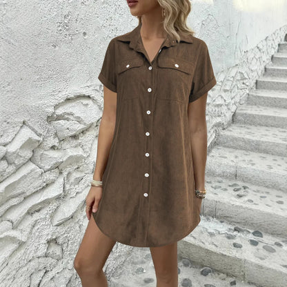 Women’s Retro Casual Corduroy Short Sleeve Shirt Dress FitiqueFit