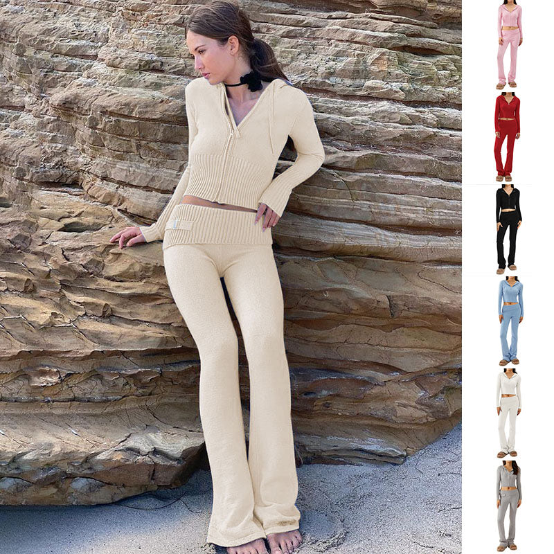 Women’s Knitted Hooded Two-Piece Set – Cardigan & High-Waisted Pants Suit FitiqueFit