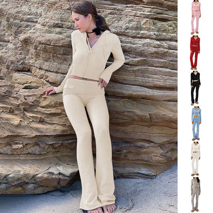Women’s Knitted Hooded Two-Piece Set – Cardigan & High-Waisted Pants Suit FitiqueFit