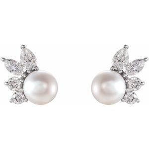 Sterling Silver Cultured White Akoya Pearl & 1/2 CTW Natural Diamond Earrings Ethereal Legacy Boutiques