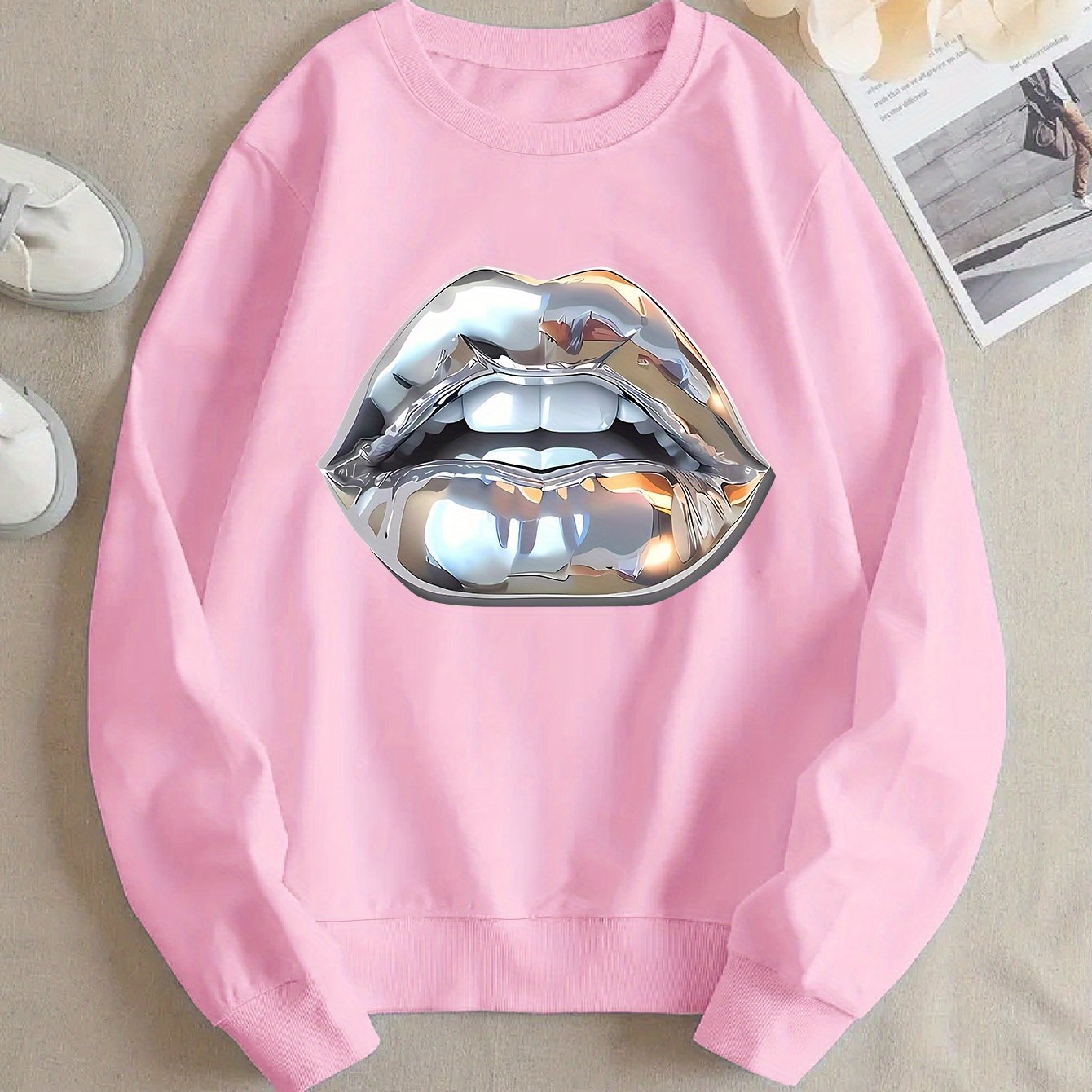 Womens Cartoon Silver Lip-Printed Sweatshirt See size chart under “more details” The Fashion Celestial
