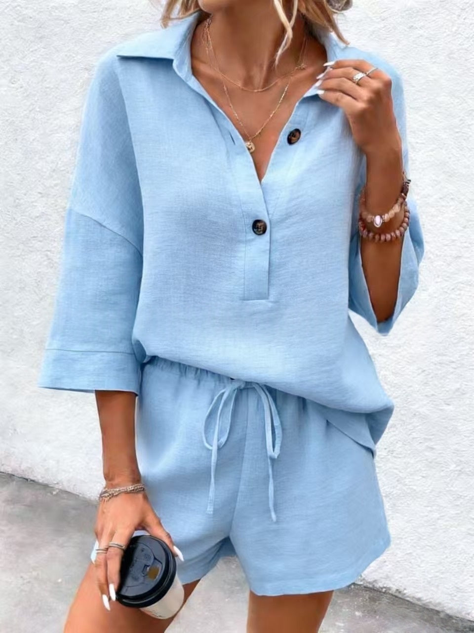 Women's Notch-Lapel Short-Sleeve Top & Belted Shorts Two-Piece Set FitiqueFit