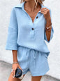 Women's Notch-Lapel Short-Sleeve Top & Belted Shorts Two-Piece Set FitiqueFit