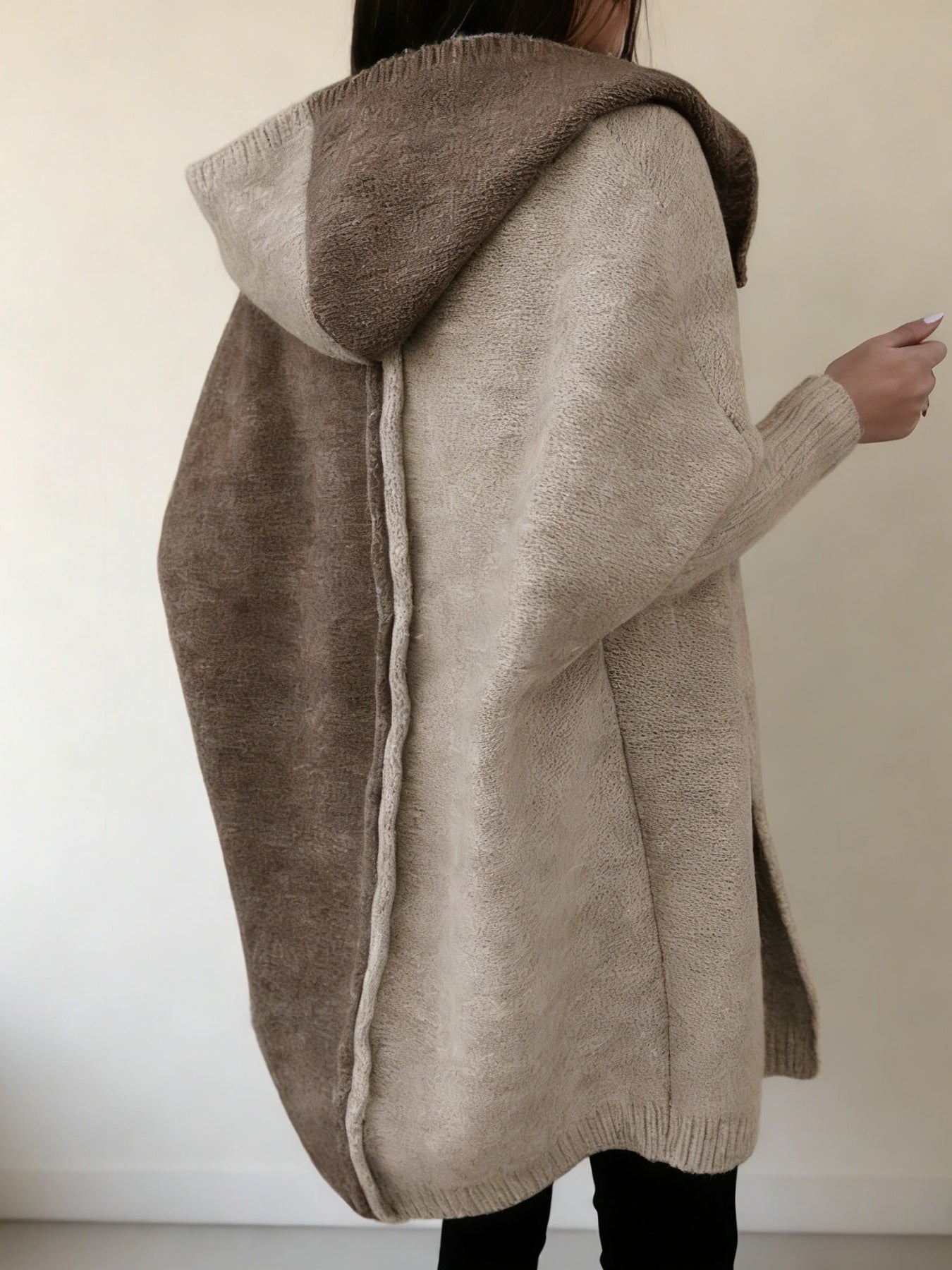 Women’s Color Block Hooded Knitted Cardigan – Plus Size Mid-Length Sweater Coat FitiqueFit