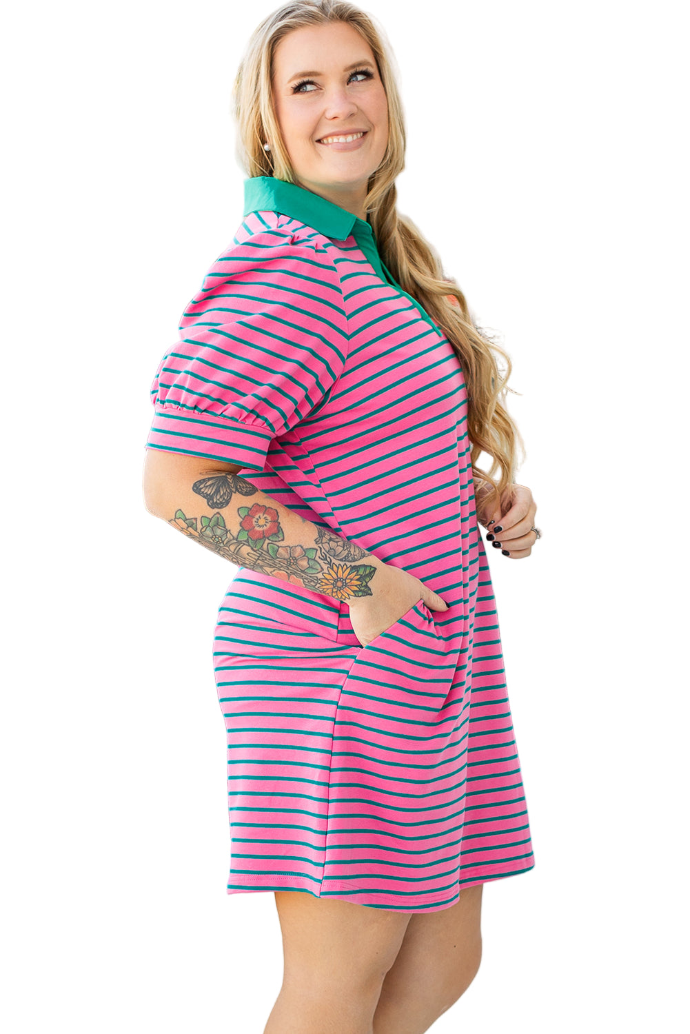 Rose Stripe Collared V Neck Puff Sleeve Shift T Shirt Dress with Pockets Garden Naked Curves