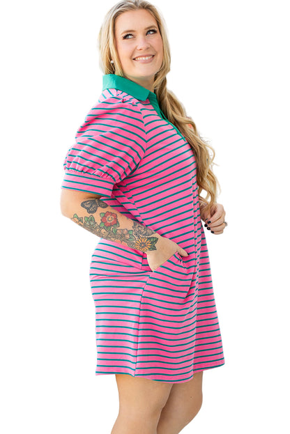 Rose Stripe Collared V Neck Puff Sleeve Shift T Shirt Dress with Pockets Garden Naked Curves