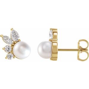 14K Yellow Cultured White Akoya Pearl & 1/2 CTW Natural Diamond Earrings Ethereal Legacy Boutiques