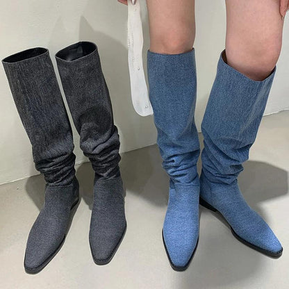 Women’s Denim Knee High Boots - Casual Cowboy Style Country in My Heart